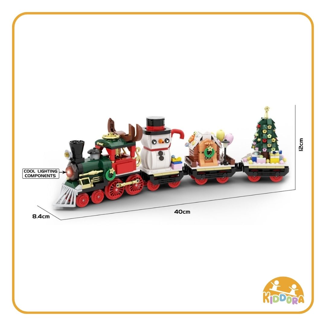 Built Christmas train, 40 x 8.4 x 12 cm: locomotive, snowman, gingerbread house and tree cars