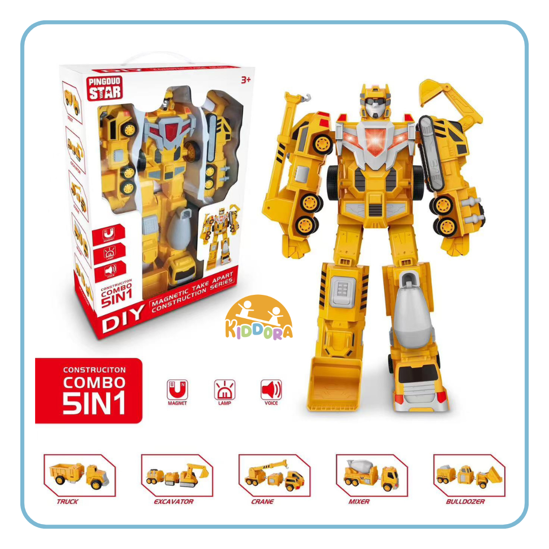 Yellow construction robot beside its box, with the 5 trucks shown below
