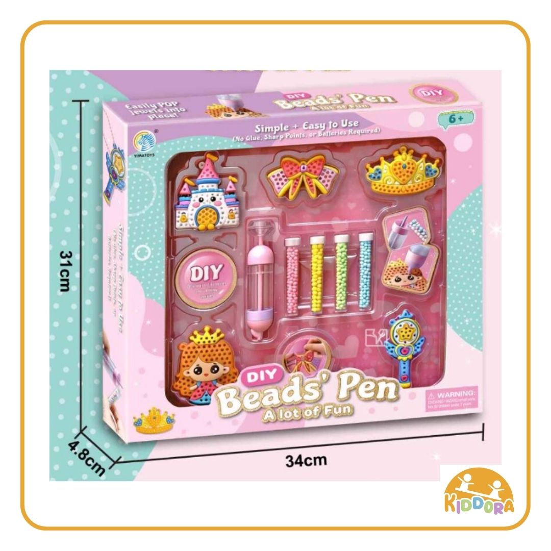 Bead Pen Princess Charm Set box, 34 x 31 x 4.8 cm, with 5 charms, the pen and 4 bead tubes