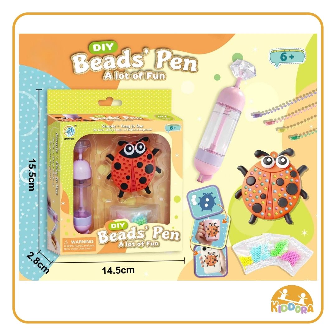 Bead Pen ladybug charm box, 15.5 x 14.5 x 2.8 cm, with the pen and ladybug charm